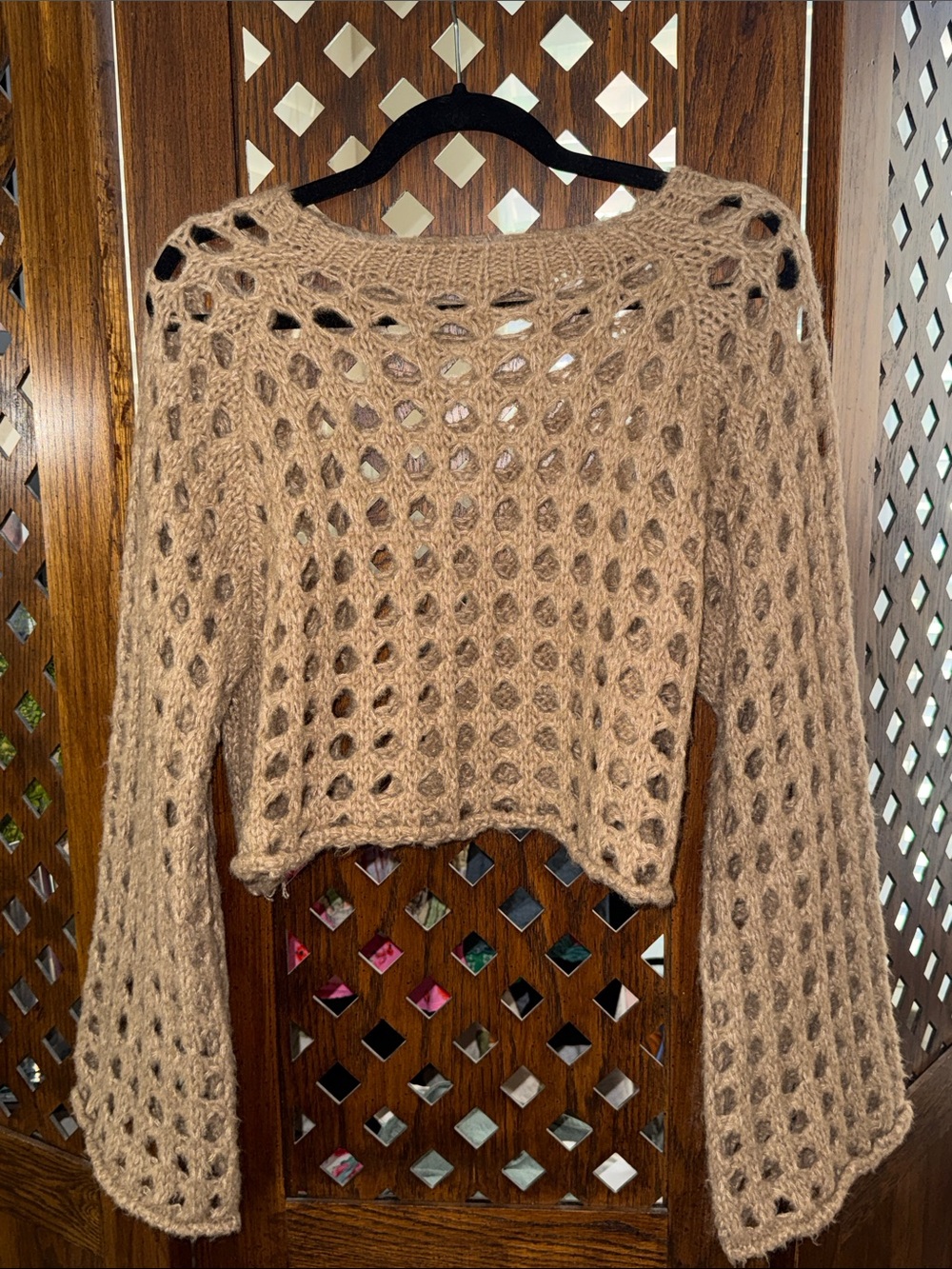 Open-Knit Cropped Sweater in Taupe